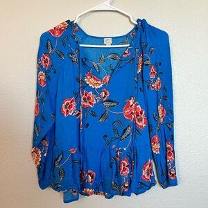 LOFT Bright Blue Floral Tie-Neck Blouse Size XS